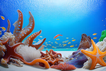 the sea with shimmering colorful fish starfish squid and white sand