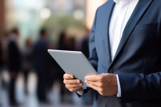 Close-up shot of a confident businesswoman delivering a compelling corporate presentation using a tablet. The focus is on her hands and the tablet screen. Non-existent person. Generative Ai