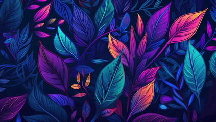 pattern of colorful tropical leaves on a dark blue