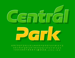 Vector concept logo Central Park with Green Sticker Font. Trendy Alphabet Letters, Numbers and Symbols set