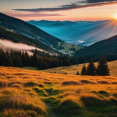 Picturesque sunset in the alpine highlands. Location place Carpathian mountains, Europe. Impressive summer scene in the morning light