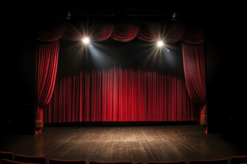 Theater stage with red curtains are opening with spotlight performance lights showing, generative AI	
