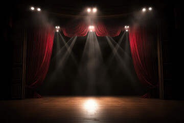 Theater stage with red curtains are opening with spotlight performance lights showing, generative AI	
