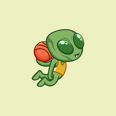 cute cartoon alien playing basketball