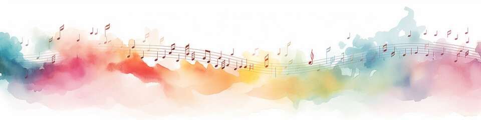 abstract musical long narrow background with notes watercolor. - obrazy, fototapety, plakaty