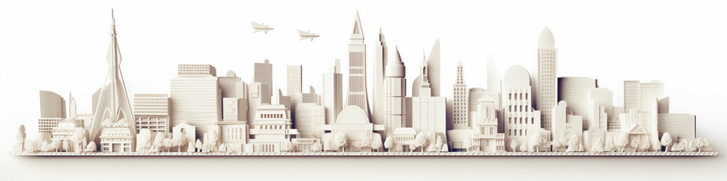 white city cityline paper sculpture long panorama background layout.