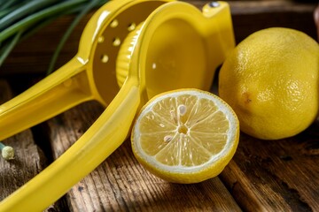 Zesty Citrus Extravaganza: Close-Up of Lemon and Lime Fruit with a Plastic Hand Tool Squeezer,...