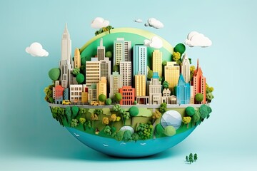 Eco friendly city concept in a beautiful paper cut style design. Green living and urban sustainability on Earth. Generative AI