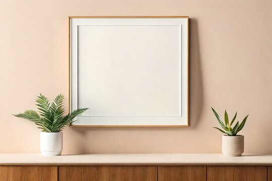 Blank picture frame mockup on grey wall in modern interior of room generated by AI tool