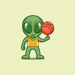 cute cartoon alien playing basketball