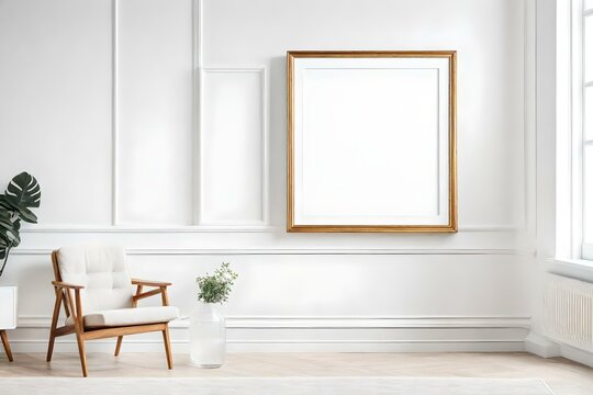 Blank picture frame mockup on white wall in the room generated by AI tool