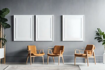 Three blank picture frame gray wall generated by AI tool