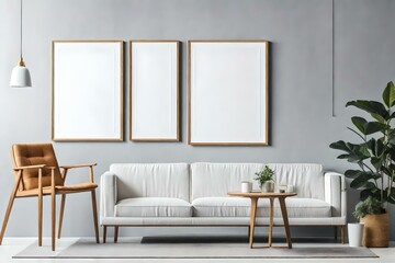 Three blank picture frame gray wall generated by AI tool