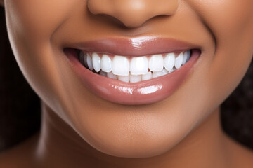 Obraz premium Close up of black woman perfect white theeth smile, dentist clinic advertisement