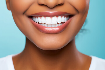 Close up of black woman perfect white theeth smile, dentist clinic advertisement
