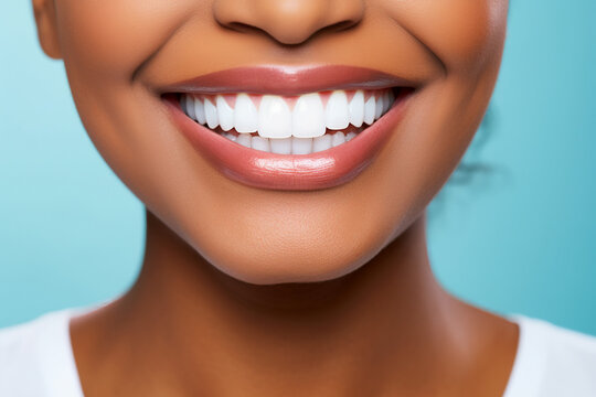 Close up of black woman perfect white theeth smile, dentist clinic advertisement