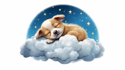 Obraz na płótnie Canvas cute little puppy sleeping on a cloud isolated on a white background watercolor drawing. ;