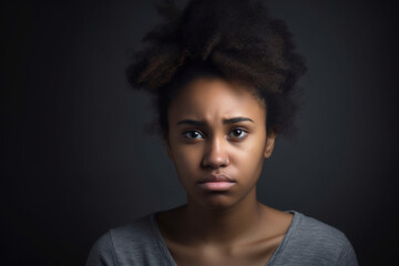sad african woman on grey background