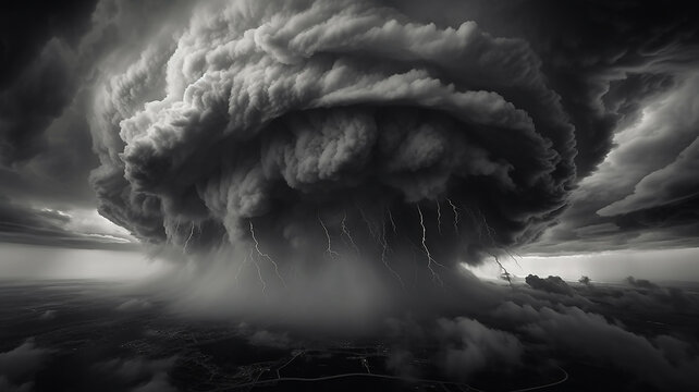black and white tornado whirlwind cloud landscape.
