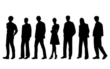 Vector silhouettes of  men and a women, a group of walking   business people, profile, black  color isolated on white background