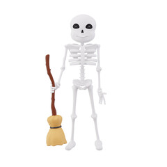 Funny skeletons holding broom stick, 3D Illustration