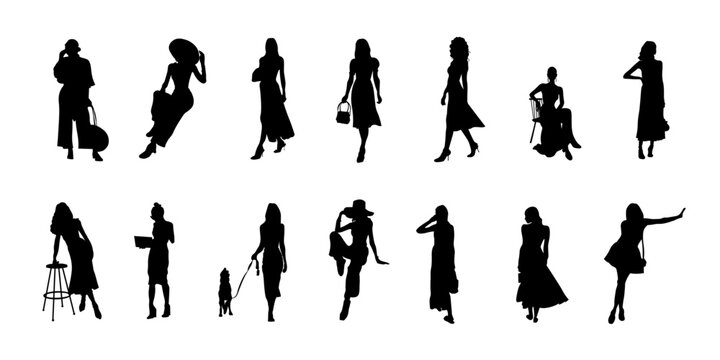 Set of 14 people. Walking staff black silhouettes of models and pose