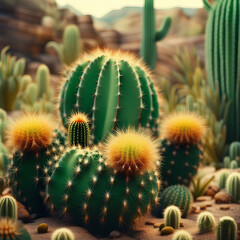 Naklejka na ściany i meble Group of flowering cacti. Green, yellow