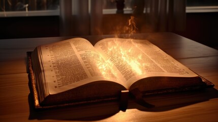 Bible,  Shining Holy Bible on the wooden table. Generative Ai