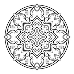 Circular pattern in form of mandala with flower for Henna, Mehndi, tattoo, decoration. Decorative ornament in ethnic oriental style. Outline doodle hand draw vector illustration.