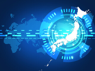 ブルーを背景に電子回路と日本地図と世界地図