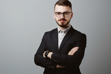 Obraz na płótnie Canvas Handsome businessman in suit and glasses cross arms chest and look