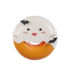Cute Halloween Donut with Ghost and bats. 3D Illustration.