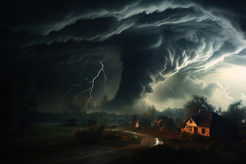 Tornado, big hurricane and thunderstorm in village at night