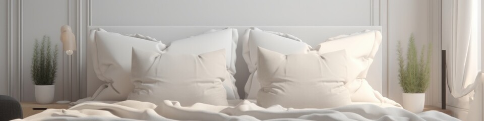 Fototapeta na wymiar Close up Bed pillow detail element home interior contemporary bedroom with white soft bed pillow arrange bedroom in daylight house beautiful detail design background,ai generate