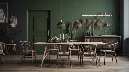 scandinavian design dining room area home design ideas creative interior space with scandinavian deciration with wooden and nature loose furniture with feature colour wall accent,ai generate
