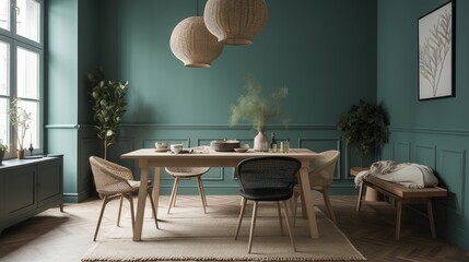 scandinavian design dining room area home design ideas creative interior space with scandinavian deciration with wooden and nature loose furniture with feature colour wall accent,ai generate - obrazy, fototapety, plakaty