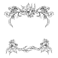 Hand drawn ink apple blossom, white and pink flowers with green leaves. Square frame composition. Isolated object on white background. Design for wall art, wedding, print, fabric, cover, card.