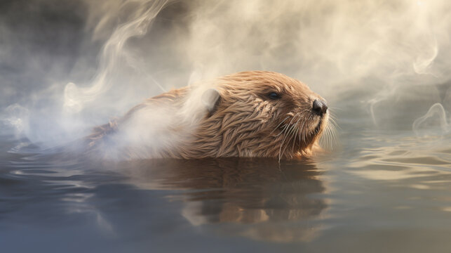 Resourceful beaver, master builder of nature, depicted in a mesmerizing image enveloped by soft, light brown smoke, embodying nature's ingenuity.