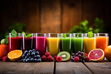 Vivid Splash of Various Fruit Juices in Clear Glasses on Rustic Wooden Background - obrazy, fototapety, plakaty