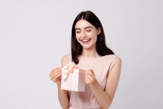 Coquettish attractive happy girlfriend receive charming expensive gift smiling joyfully receive desired thing clasp hands near jawline in flirty feminine pose standing white background
