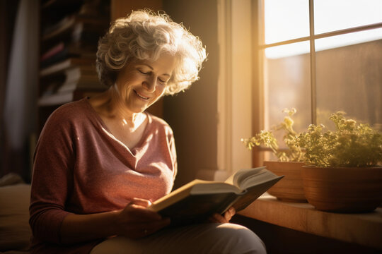 An intimate image of a senior woman in her cozy home, reading a book near a window with soft afternoon light coming in. The image has a warm, homely atmosphere