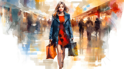 Black Friday Woman holding shopping bags vibrant watercolor illustration - Generative Ai