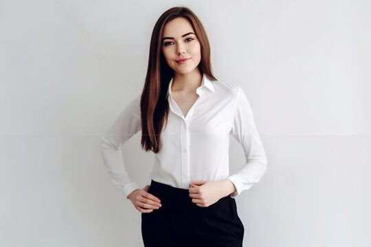 Young attractive emotional girl in business style clothes