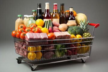 Grocery extravaganza, A fully loaded shopping cart showcasing a variety of food items Generative AI