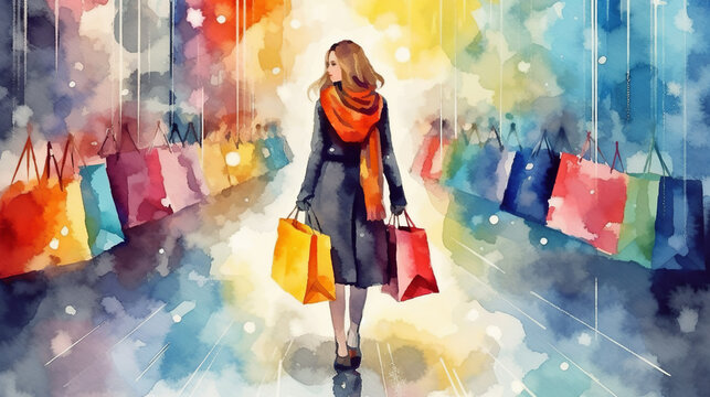 A Vibrant Watercolor Illustration of a Woman's Black Friday Shopping Spree - Generative Ai