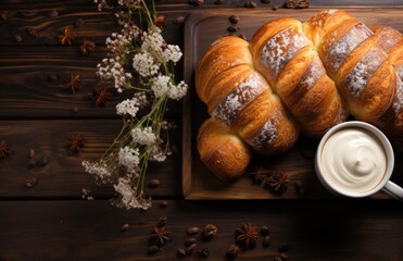 Obraz na płótnie Canvas Cup Hot coffee bread on a dark retro background, croissants, jam, butter, yogurt, milk ,fruits juice and coffee. copy space clear area for text Breakfast concept .AI Generative