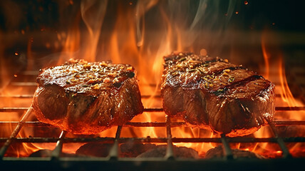 grilled meat steak on fire on the grill bbq