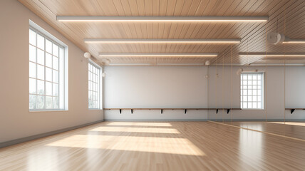 panoramic empty gym with windows for ballet classes.
