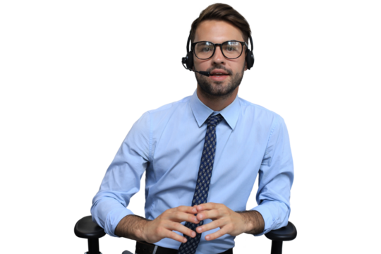 Smiling friendly handsome young male call centre operator.