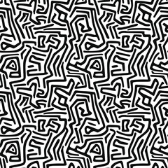 Seamless pattern. Abstract black doodles, curls, maze. Vector background.